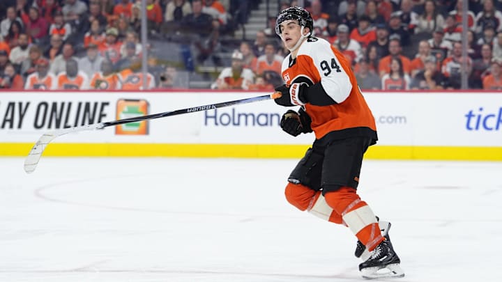 Apr 13, 2026; Philadelphia, Pennsylvania, USA; Philadelphia Flyers right wing Porter Martone (94) in action against the Carolina Hurricanes in the third period at Xfinity Mobile Arena. Mandatory Credit: Kyle Ross-Imagn Images Apr 13, 2026; Philadelphia, Pennsylvania, USA; Philadelphia Flyers right wing Porter Martone (94) in action against the Carolina Hurricanes in the third period at Xfinity Mobile Arena. Mandatory Credit: Kyle Ross-Imagn Images