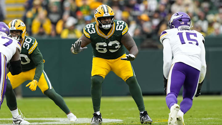 Nov 23, 2025; Green Bay, Wisconsin, USA;  Green Bay Packers offensive tackle Rasheed Walker (63) during the game against the Minnesota Vikings at Lambeau Field. Mandatory Credit: Jeff Hanisch-Imagn Images