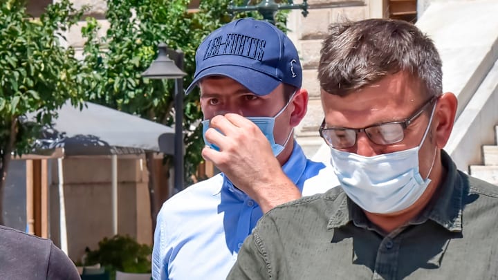 Harry Maguire leaving court in Greece after his conviction