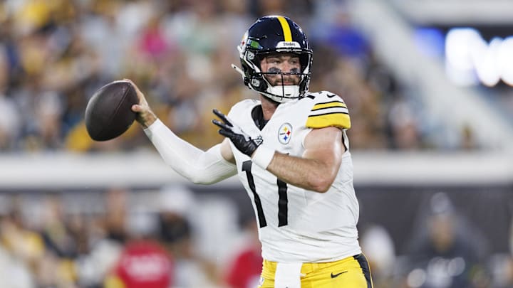 Aug 9, 2025; Jacksonville, Florida, USA; Pittsburgh Steelers quarterback Skylar Thompson (17) throws the ball against the Jacksonville Jaguars during the second quarter at EverBank Stadium. Mandatory Credit: Morgan Tencza-Imagn Images