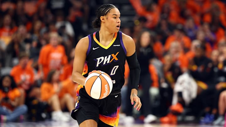 Oct 8, 2025; Phoenix, Arizona, USA; Phoenix Mercury forward Satou Sabally (0) against the Las Vegas Aces during game three of the 2025 WNBA Finals at PHX Arena. Mandatory Credit: Mark J. Rebilas-Imagn Images
