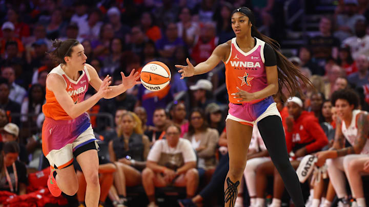 Jul 20, 2024; Phoenix, AZ, USA; Team WNBA guard Caitlin Clark (left) and Angel Reese against the USA Women's National Team during the 2024 WNBA All Star Game at Footprint Center. Mandatory Credit: Mark J. Rebilas-Imagn Images Jul 20, 2024; Phoenix, AZ, USA; Team WNBA guard Caitlin Clark (left) and Angel Reese against the USA Women's National Team during the 2024 WNBA All Star Game at Footprint Center. Mandatory Credit: Mark J. Rebilas-Imagn Images