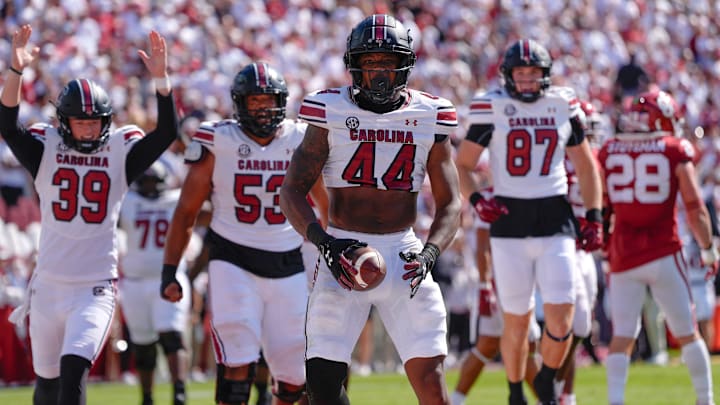 South Carolina Gamecocks tight end Maurice Brown II celebrates after scoring a 2-point conversion during a college football game between the University of Oklahoma Sooners (OU) and the South Carolina Gamecocks at Gaylord Family - Oklahoma Memorial Stadium in Norman, Okla., Saturday, Oct. 19, 2024.