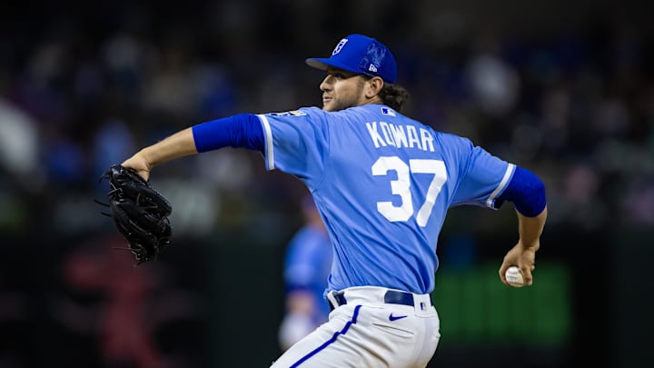 Kansas City Royals pitcher Jackson Kowar against the Los Angeles Dodgers during a spring training game at Surprise Stadium in 2023.