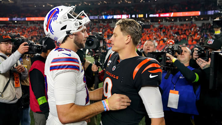 Nov 5, 2023; Cincinnati, Ohio, USA; Buffalo Bills quarterback Josh Allen (17) and Cincinnati Bengals quarterback Joe Burrow (9) shake hands at the conclusion of their game at Paycor Stadium. Nov 5, 2023; Cincinnati, Ohio, USA; Buffalo Bills quarterback Josh Allen (17) and Cincinnati Bengals quarterback Joe Burrow (9) shake hands at the conclusion of their game at Paycor Stadium.