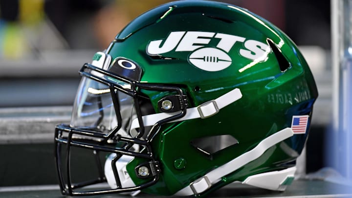 Aug 12, 2022; Philadelphia, Pennsylvania, USA; New York Jets helmet on the sidelines against the Philadelphia Eagles at Lincoln Financial Field. Mandatory Credit: Eric Hartline-Imagn Images