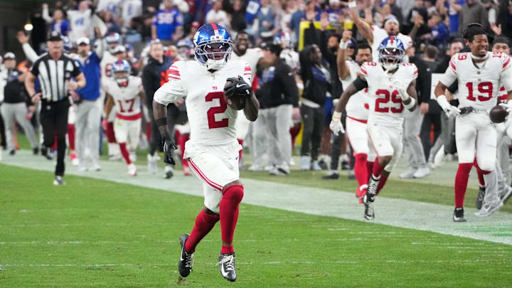 Dec 28, 2025; Paradise, Nevada, USA; New York Giants cornerback Deonte Banks (2) returns a punt for a touchdown in the second half against the Las Vegas Raiders at Allegiant Stadium. Mandatory Credit: Kirby Lee-Imagn Images