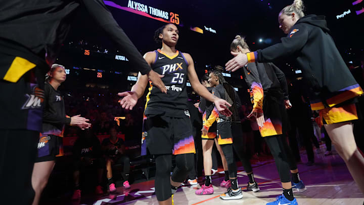 Phoenix Mercury forward Alyssa Thomas (25) is introduced before the WNBA Finals Game 3 against Las Vegas Aces at Mortgage Matchup Center in Phoenix on Oct. 8, 2025. Phoenix Mercury forward Alyssa Thomas (25) is introduced before the WNBA Finals Game 3 against Las Vegas Aces at Mortgage Matchup Center in Phoenix on Oct. 8, 2025.