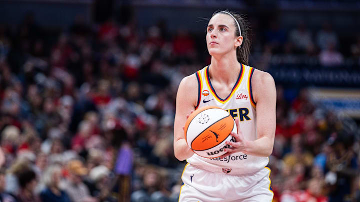 Apr 30, 2026; Indianapolis, IN, USA; Indiana Fever guard Caitlin Clark (22)  shoots the ball  in the second half against the Dallas Wings at the Gainbridge Fieldhouse. Mandatory Credit: Trevor Ruszkowski-Imagn Images