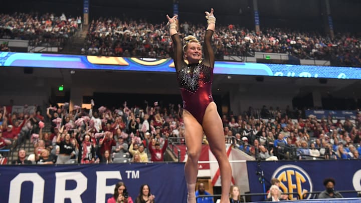 Alabama gymnast Jordyn Paradise lands her vault during the SEC Gymnastics Championship at Legacy Arena in Birmingham Saturday, March 19, 2022.
Sec Gymnastics Championships Alabama gymnast Jordyn Paradise lands her vault during the SEC Gymnastics Championship at Legacy Arena in Birmingham Saturday, March 19, 2022.
Sec Gymnastics Championships