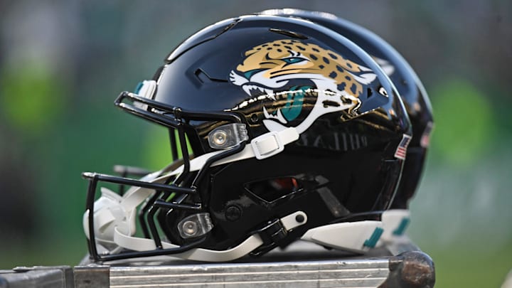 Nov 3, 2024; Philadelphia, Pennsylvania, USA; Jacksonville Jaguars helmets on the sidelines against the Philadelphia Eagles at Lincoln Financial Field. Mandatory Credit: Eric Hartline-Imagn Images