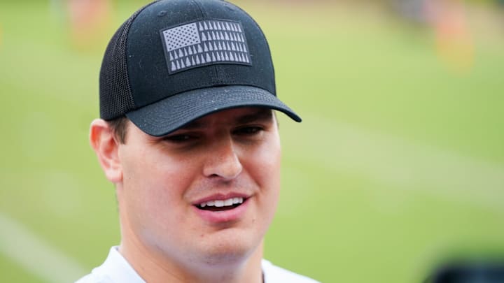 Cincinnati Bengals Trey Hendrickson speaks at a press conference after practice, Tuesday, May 13, 2025, at Kettering Health Practice Fields in Downtown Cincinnati.