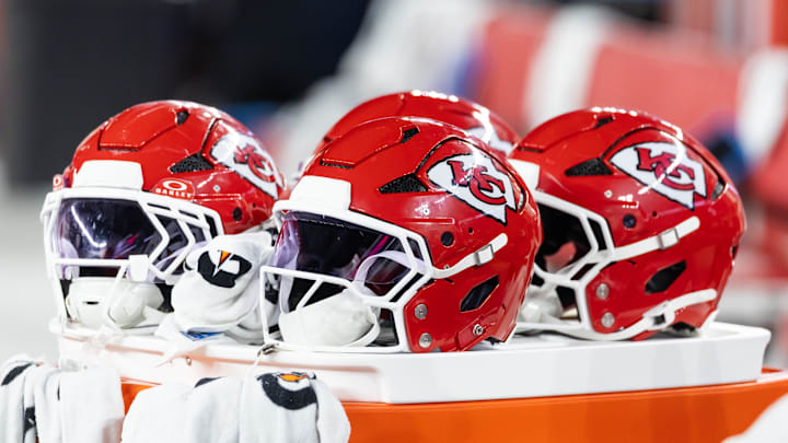 Aug 9, 2025; Glendale, Arizona, USA; Detailed view of a Kansas City Chiefs helmet during a preseason NFL game at State Farm Stadium. Mandatory Credit: Mark J. Rebilas-Imagn Images
