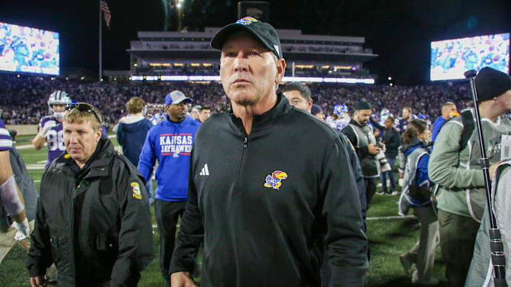 Oct 26, 2024; Manhattan, Kansas, USA; Kansas Jayhawks head coach Lance Leipold walks off the field following a loss to the Kansas State Wildcats at Bill Snyder Family Football Stadium. Mandatory Credit: Scott Sewell-Imagn Images