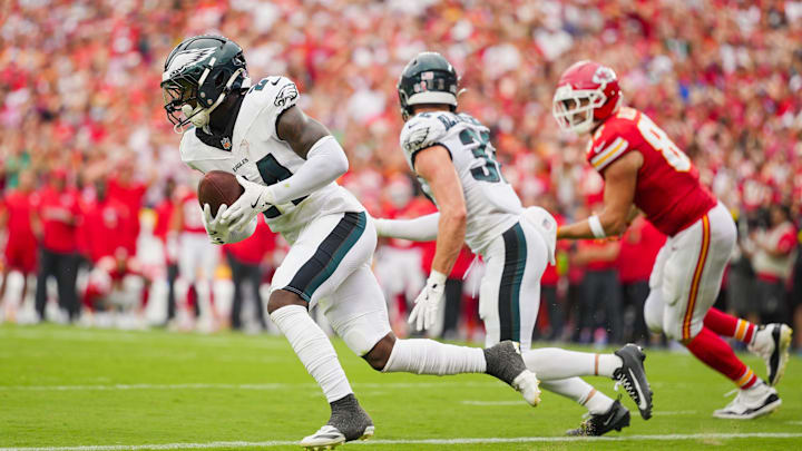 Sep 14, 2025; Kansas City, Missouri, USA; Philadelphia Eagles safety Andrew Mukuba (24) returns an interception a pass during the second half against the Kansas City Chiefs at GEHA Field at Arrowhead Stadium. Mandatory Credit: Jay Biggerstaff-Imagn Images