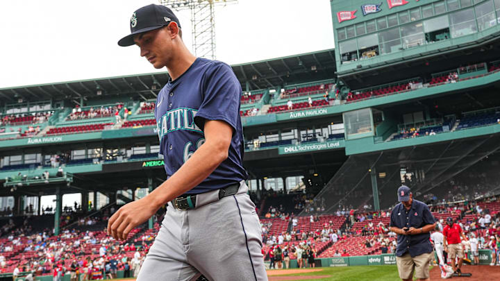 Seattle Mariners pitcher George Kirby walks to the bullpen before a game against the Boston Red Sox on July 31, 2024, at Fenway Park.