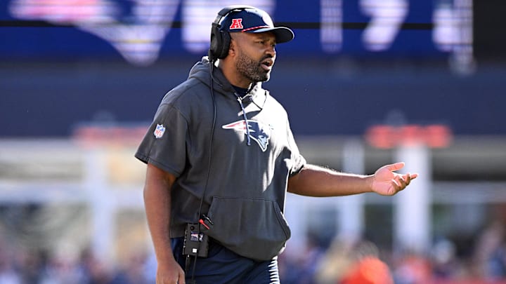 Oct 27, 2024; Foxborough, Massachusetts, USA; New England Patriots head coach Jerod Mayo calls a play against the New York Jets during the first half at Gillette Stadium.