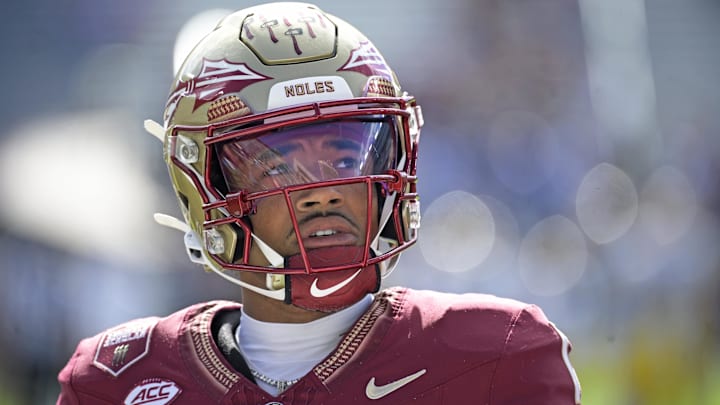 Oct 11, 2025; Tallahassee, Florida, USA; Florida State Seminoles quarterback Thomas Castellanos (1) before the game against the Pittsburgh Panthers at Doak S. Campbell Stadium. Mandatory Credit: Melina Myers-Imagn Images