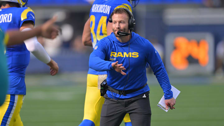 Nov 2, 2025; Inglewood, California, USA; Los Angeles Rams head coach Sean McVay reacts after a touchdown by his team against the New Orleans Saints during the first half at SoFi Stadium. Mandatory Credit: Jayne Kamin-Oncea-Imagn Images
