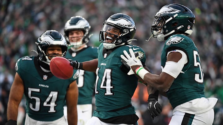 Jan 26, 2025; Philadelphia, PA, USA; Philadelphia Eagles running back Kenneth Gainwell (14) celebrates after a fumble recovery during the first half in the NFC Championship game at Lincoln Financial Field.