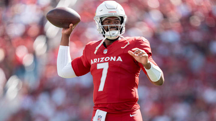 September 21, 2025; Santa Clara, California, USA; Arizona Cardinals quarterback Jacoby Brissett (7) during the third quarter against the San Francisco 49ers at Levi's Stadium. Mandatory Credit: Kyle Terada-Imagn Images September 21, 2025; Santa Clara, California, USA; Arizona Cardinals quarterback Jacoby Brissett (7) during the third quarter against the San Francisco 49ers at Levi's Stadium. Mandatory Credit: Kyle Terada-Imagn Images