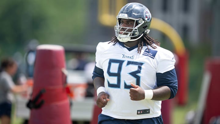 Tennessee Titans nose tackle T'Vondre Sweat works out during OTAs at Ascension Saint Thomas Sports Park.