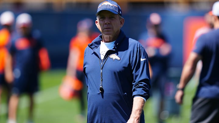 May 10, 2025; Englewood, CO, USA; Denver Broncos head coach Sean Payton during rookie minicamp at Broncos Park Powered by CommonSpirit. Mandatory Credit: Ron Chenoy-Imagn Images