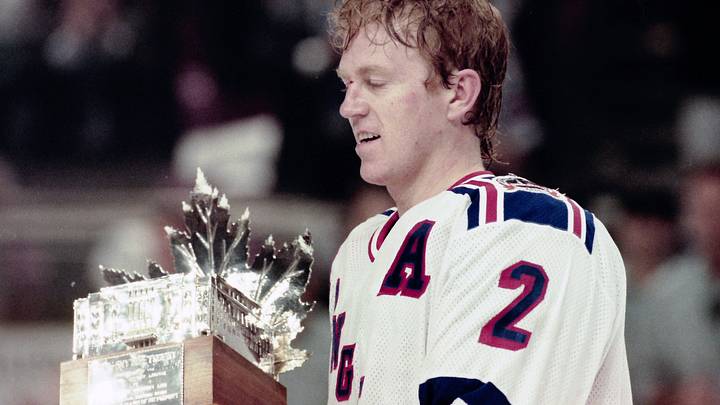 Rangers Brian Leetch gets the Conn Smythe  Trophy as the playoff MVP following game 7 of the Stanley Cup finals at Madison Square Garden June 14, 1994. The Rangers won the game 3-2 and the Stanley Cup.

Rangers Win Stanley Cup