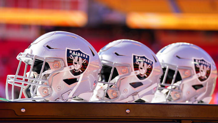 Nov 29, 2024; Kansas City, Missouri, USA; A general view of Las Vegas Raiders helmets against the Kansas City Chiefs prior to a game at GEHA Field at Arrowhead Stadium. Mandatory Credit: Denny Medley-Imagn Images Nov 29, 2024; Kansas City, Missouri, USA; A general view of Las Vegas Raiders helmets against the Kansas City Chiefs prior to a game at GEHA Field at Arrowhead Stadium. Mandatory Credit: Denny Medley-Imagn Images