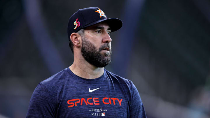 Aug 16, 2024; Houston, Texas, USA; Houston Astros starting pitcher Justin Verlander (35) prior to the game against the Chicago White Sox at Minute Maid Park. Aug 16, 2024; Houston, Texas, USA; Houston Astros starting pitcher Justin Verlander (35) prior to the game against the Chicago White Sox at Minute Maid Park.