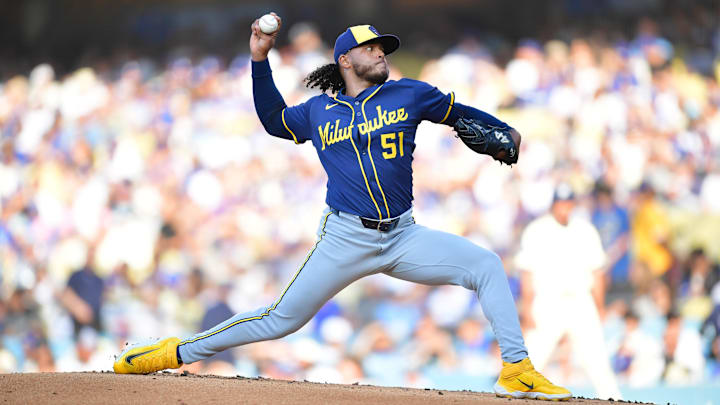Jul 19, 2025; Los Angeles, California, USA; Milwaukee Brewers starting pitcher Freddy Peralta (51) throws during the first inning against the Los Angeles Dodgers at Dodger Stadium. Mandatory Credit: Gary A. Vasquez-Imagn Images Jul 19, 2025; Los Angeles, California, USA; Milwaukee Brewers starting pitcher Freddy Peralta (51) throws during the first inning against the Los Angeles Dodgers at Dodger Stadium. Mandatory Credit: Gary A. Vasquez-Imagn Images