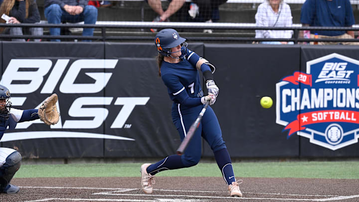 May 10, 2024; Providence, RI, USA; UConn Huskies pitcher/utility player Hope Jenkins (7) bats against the Villanova Wildcats during the BIG EAST Softball Tournament at Glay Field. Mandatory Credit: Eric Canha-Imagn Images