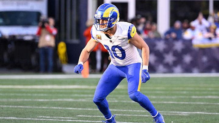 Nov 17, 2024; Foxborough, Massachusetts, USA; Los Angeles Rams wide receiver Cooper Kupp (10) lines up against the New England Patriots during the second half at Gillette Stadium. Mandatory Credit: Eric Canha-Imagn Images