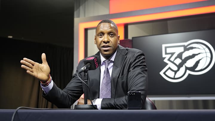Sep 30, 2024; Toronto, Ontario, Canada; Toronto Raptors Vice-Chairman and Team President Masai Ujiri addresses the media at Scotiabank Area. Mandatory Credit: John E. Sokolowski-Imagn Images