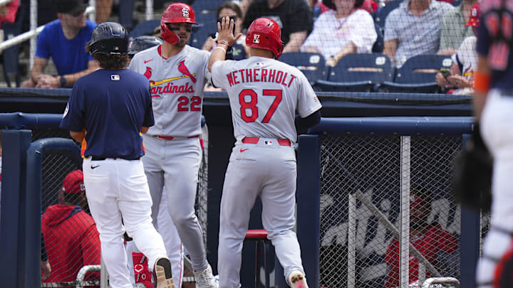Mar 5, 2025; West Palm Beach, Florida, USA; St. Louis Cardinals infielder JJ Wetherholt (87) celebrates after scoring against the Houston Astros during the second inning at CACTI Park of the Palm Beaches. Mandatory Credit: Rich Storry-Imagn Images Mar 5, 2025; West Palm Beach, Florida, USA; St. Louis Cardinals infielder JJ Wetherholt (87) celebrates after scoring against the Houston Astros during the second inning at CACTI Park of the Palm Beaches. Mandatory Credit: Rich Storry-Imagn Images