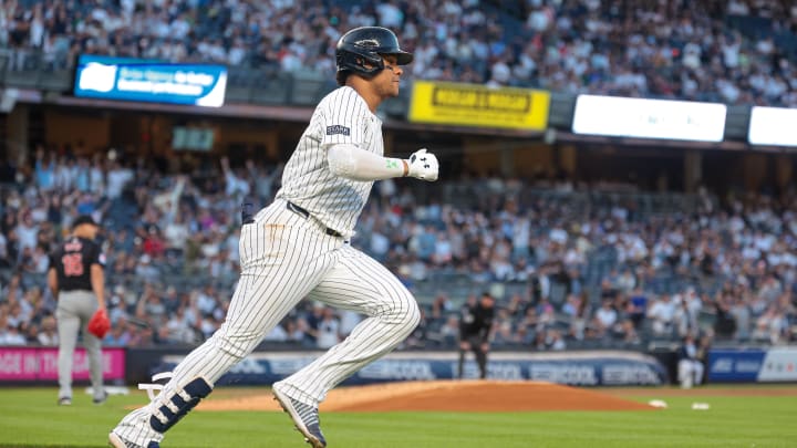 Aug 20, 2024; Bronx, New York, USA; New York Yankees right fielder Juan Soto (22) runs the bases after hitting a solo home run during the first inning against the Cleveland Guardians at Yankee Stadium.