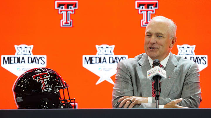Jul 8, 2025; Frisco, TX, USA; Texas Tech head coach Joey McGuire addresses the media during 2025 Big 12 Football Media Days at The Star. Mandatory Credit: Raymond Carlin III-Imagn Images