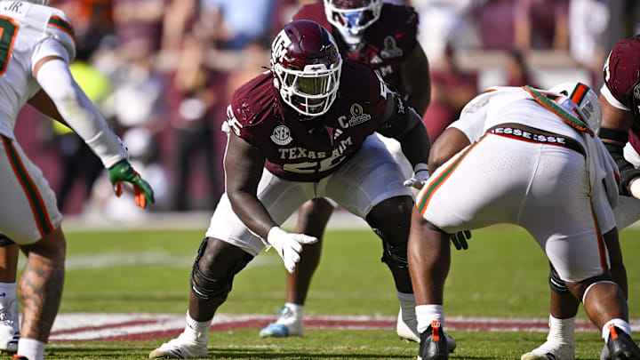 Texas A&M Aggies offensive lineman Ar'Maj Reed-Adams blocks the line during the game between the Aggies and the Miami Hurricanes at Kyle Field.