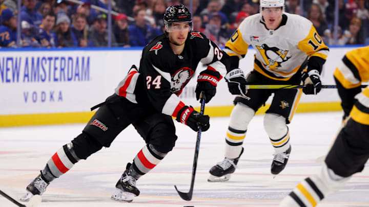 Jan 17, 2025; Buffalo, New York, USA; Buffalo Sabres center Dylan Cozens (24) skates up ice with the puck during the second period against the Pittsburgh Penguins at KeyBank Center. Mandatory Credit: Timothy T. Ludwig-Imagn Images Jan 17, 2025; Buffalo, New York, USA; Buffalo Sabres center Dylan Cozens (24) skates up ice with the puck during the second period against the Pittsburgh Penguins at KeyBank Center. Mandatory Credit: Timothy T. Ludwig-Imagn Images