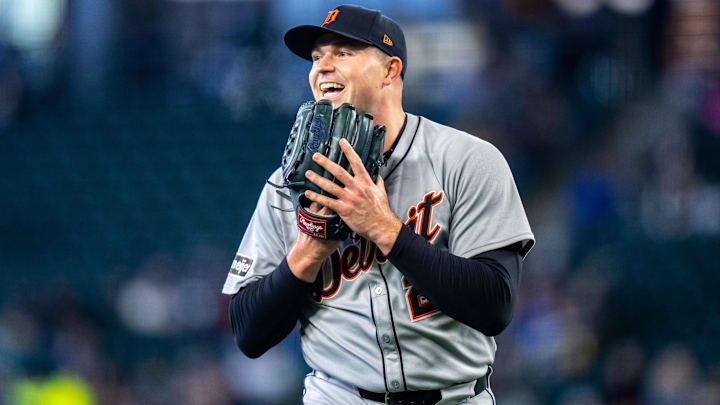 Apr 2, 2025; Seattle, Washington, USA;  Detroit Tigers starting pitcher Tarik Skubal (29) smiles while walking of the at the end of first inning against the Seattle Mariners at T-Mobile Park. Mandatory Credit: Stephen Brashear-Imagn Images