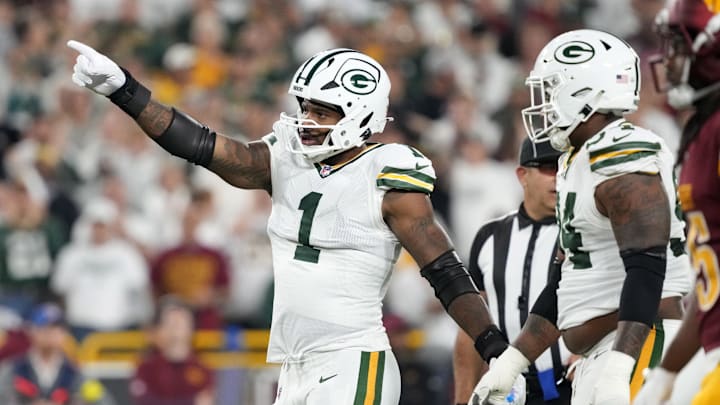 Sep 11, 2025; Green Bay, Wisconsin, USA;  Green Bay Packers defensive end Micah Parsons (1) reacts in the first quarter against the Washington Commanders at Lambeau Field. Mandatory Credit: Jeff Hanisch-Imagn Images