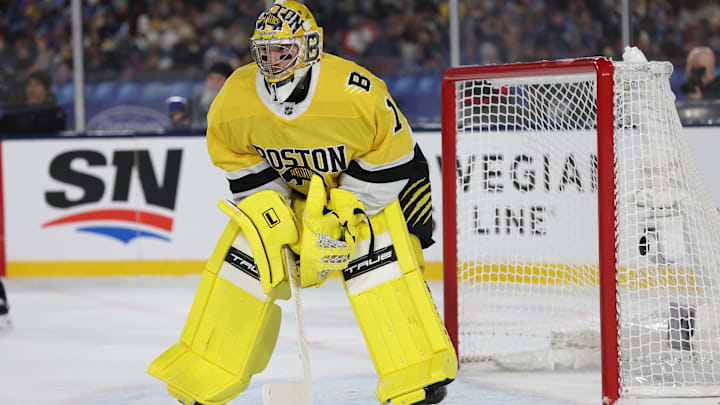 Feb 1, 2026; Tampa Bay, Florida, USA; Boston Bruins goaltender Jeremy Swayman (1) stands in goal against the Tampa Bay Lightning during the second period in the 2026 Stadium Series ice hockey game at Raymond James Stadium. Mandatory Credit: Kim Klement Neitzel-Imagn Images Feb 1, 2026; Tampa Bay, Florida, USA; Boston Bruins goaltender Jeremy Swayman (1) stands in goal against the Tampa Bay Lightning during the second period in the 2026 Stadium Series ice hockey game at Raymond James Stadium. Mandatory Credit: Kim Klement Neitzel-Imagn Images