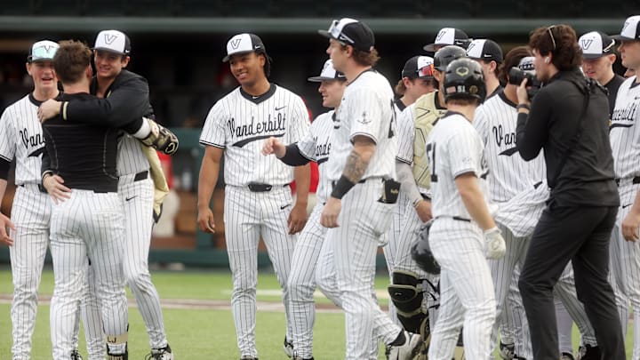 Vanderbilt baseball players celebrate their win against Marist at Vanderbilt’s Hawkins Field Friday, Feb. 20, 2026. Vanderbilt baseball players celebrate their win against Marist at Vanderbilt’s Hawkins Field Friday, Feb. 20, 2026.