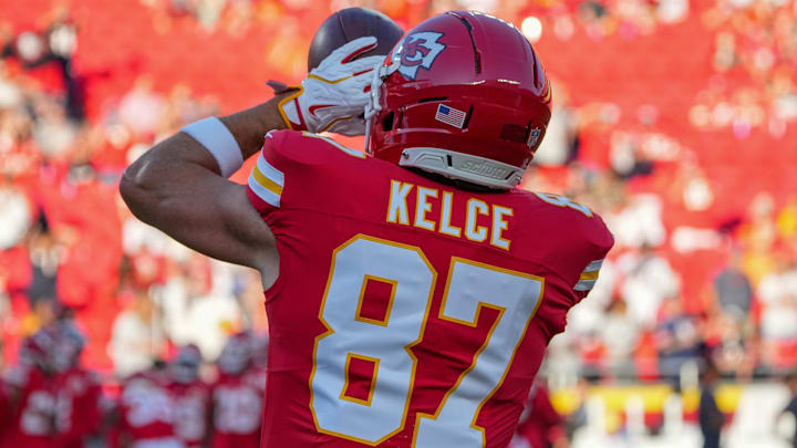 Aug 22, 2025; Kansas City, Missouri, USA; Kansas City Chiefs tight end Travis Kelce (87) warms up against the Chicago Bears prior to a game at GEHA Field at Arrowhead Stadium. Mandatory Credit: Denny Medley-Imagn Images