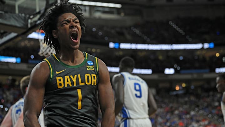 Mar 23, 2025; Raleigh, NC, USA; Baylor Bears guard Robert Wright III (1) reacts after a basket during the first half against the Duke Blue Devils in the second round of the NCAA Tournament at Lenovo Center. Mandatory Credit: Zachary Taft-Imagn Images