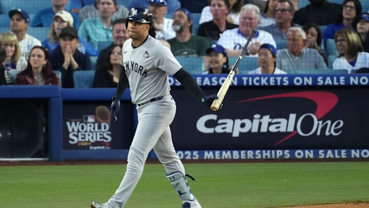 Oct 26, 2024; Los Angeles, California, USA; New York Yankees outfielder Juan Soto (22) reacts after hitting a home run against the Los Angeles Dodgers in the third inning for game two of the 2024 MLB World Series at Dodger Stadium. Mandatory Credit: Kirby Lee-Imagn Images