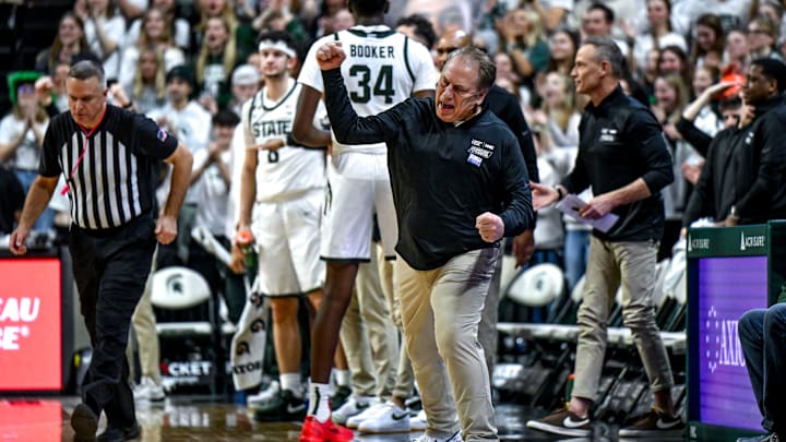 Michigan State's head coach Tom Izzo celebrates after a play during the game against Minnesota on Tuesday, Jan. 28, 2025, at the Breslin Center in East Lansing.