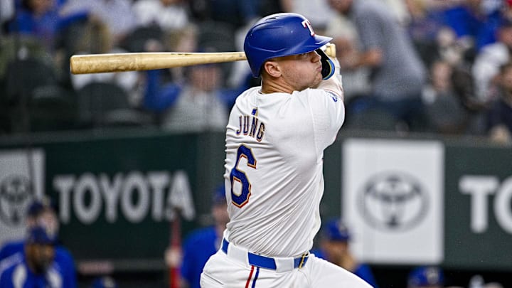 Mar 31, 2024; Arlington, Texas, USA; Texas Rangers third baseman Josh Jung (6)