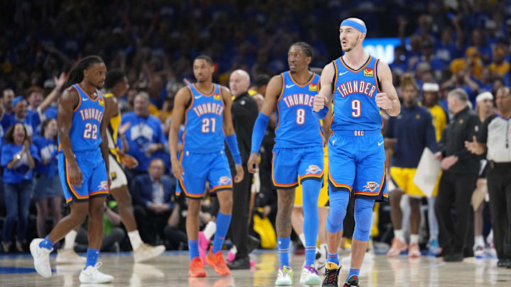 Jun 22, 2025; Oklahoma City, Oklahoma, USA; Oklahoma City Thunder guard Alex Caruso (9) reacts after a play against the Indiana Pacers during the second half in Game 7 of the 2025 NBA Finals at Paycom Center. Mandatory Credit: Kyle Terada-Imagn Images