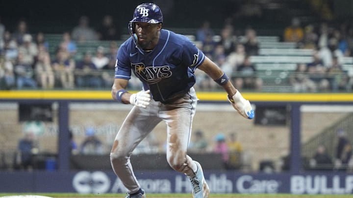 Mar 30, 2026; Milwaukee, Wisconsin, USA; Tampa Bay Rays center fielder Chandler Simpson (14) runs to third base against the Milwaukee Brewers in the second inning at American Family Field. Mar 30, 2026; Milwaukee, Wisconsin, USA; Tampa Bay Rays center fielder Chandler Simpson (14) runs to third base against the Milwaukee Brewers in the second inning at American Family Field.